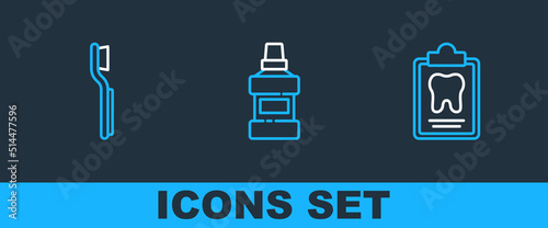 Set line Dental card, Toothbrush and Mouthwash bottle icon. Vector