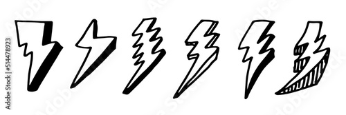 set of hand drawn vector doodle electric lightning bolt symbol sketch illustrations. thunder symbol doodle icon.