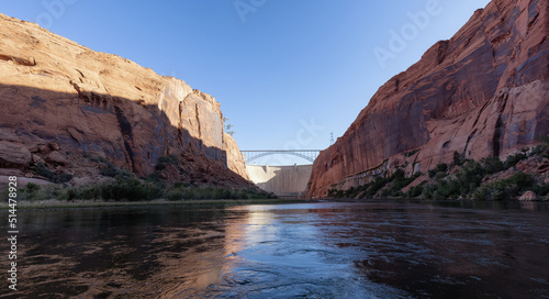 Glen Canyon Dam and Colorado River in Page, Arizona, United States of America. American Mountain Nature Landscape Background. Sunny Sunrise.