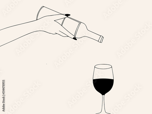 Line Drawing Woman Hand Silhouette holding Wine Bottle and Full Wine Glass Vector illustration. Minimalist Fashion Line Art for print, poster, wall art, craft, design