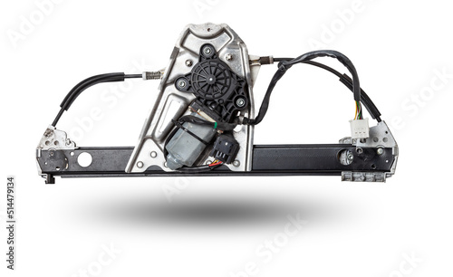 Electric window mechanism for a car on a white isolated background. Automotive spare parts catalog