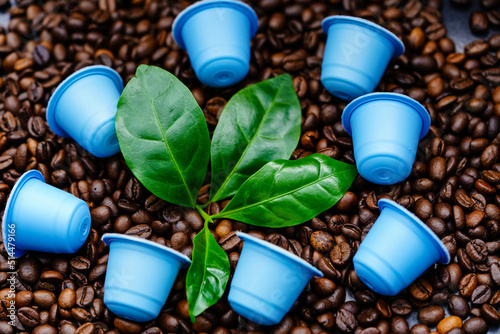 Blätter einer Kaffeepflanze und geröstete Kaffeebohnen