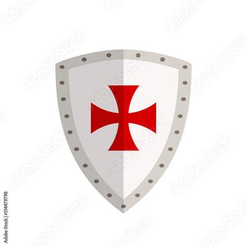Templar shield with red cross isolated on white background. Shield of templar knights in flat style. Vector stock