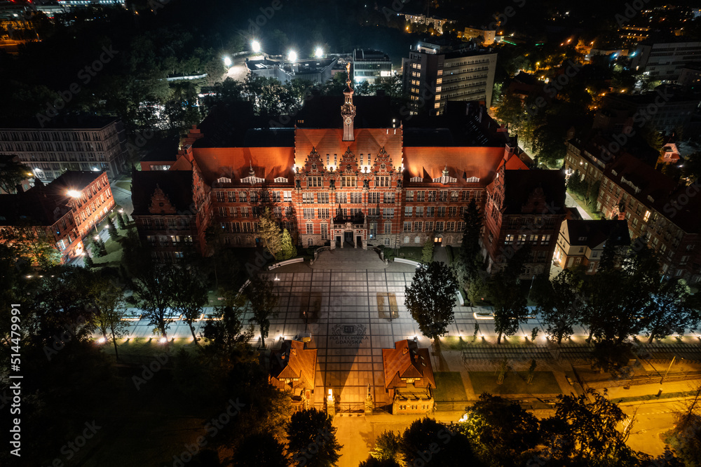 Gdansk University of Technology Main Building at night from a height