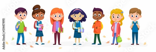 Kids are going back to school. Set of diverse little children of different ethnicity in uniform with bags and textbooks. Cartoon characters isolated on a white background vector illustration