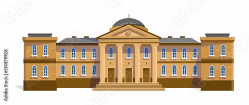 A government building, academy, university, college, museum, library or court. Modern facility in traditional architecture with columns. Vector illustration isolated on white background.