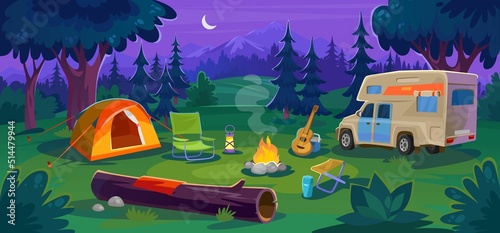 Camp in a forest at night with a mountain view. Campsite with a bonfire, tent, guitar, and motorhome. Traveling and camping with RV. Summer vacation in nature. Cartoon style vector illustration.