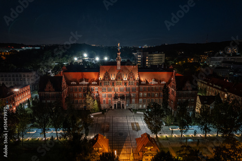 Gdansk University of Technology Main Building at night from a height