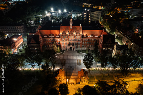 Gdansk University of Technology Main Building at night from a height