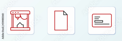 Set line Business card, 3D printer and Empty document icon. Vector