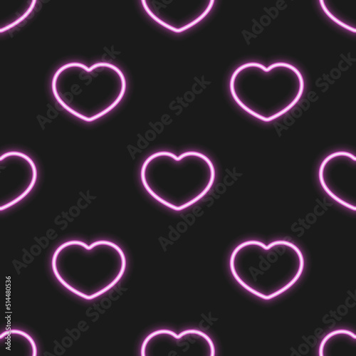 Pink neon glowing heart on black background. Vector seamless pattern. Best for textile, wallpapers, wrapping paper, package and St. Valentine's Day decoration.