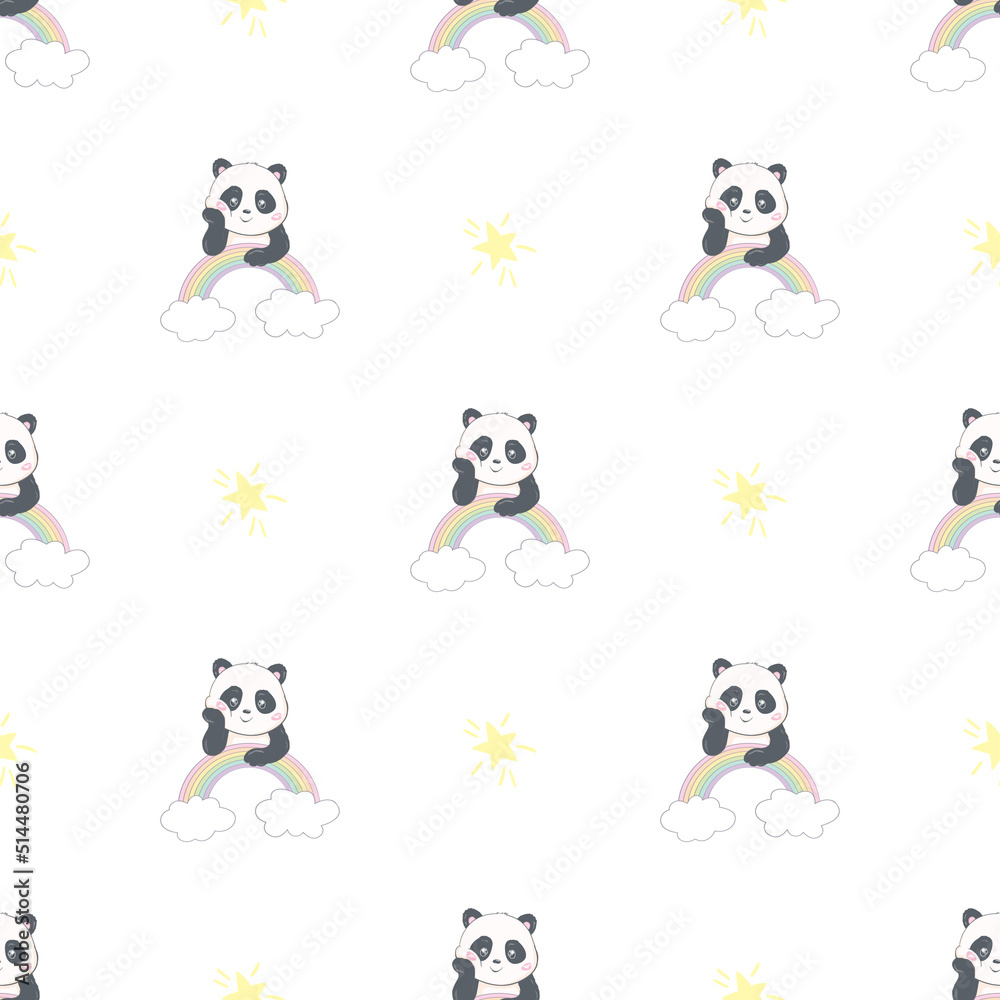 Obraz premium Panda Seamless Pattern Background, Happy cute panda flying in the sky between clouds and star