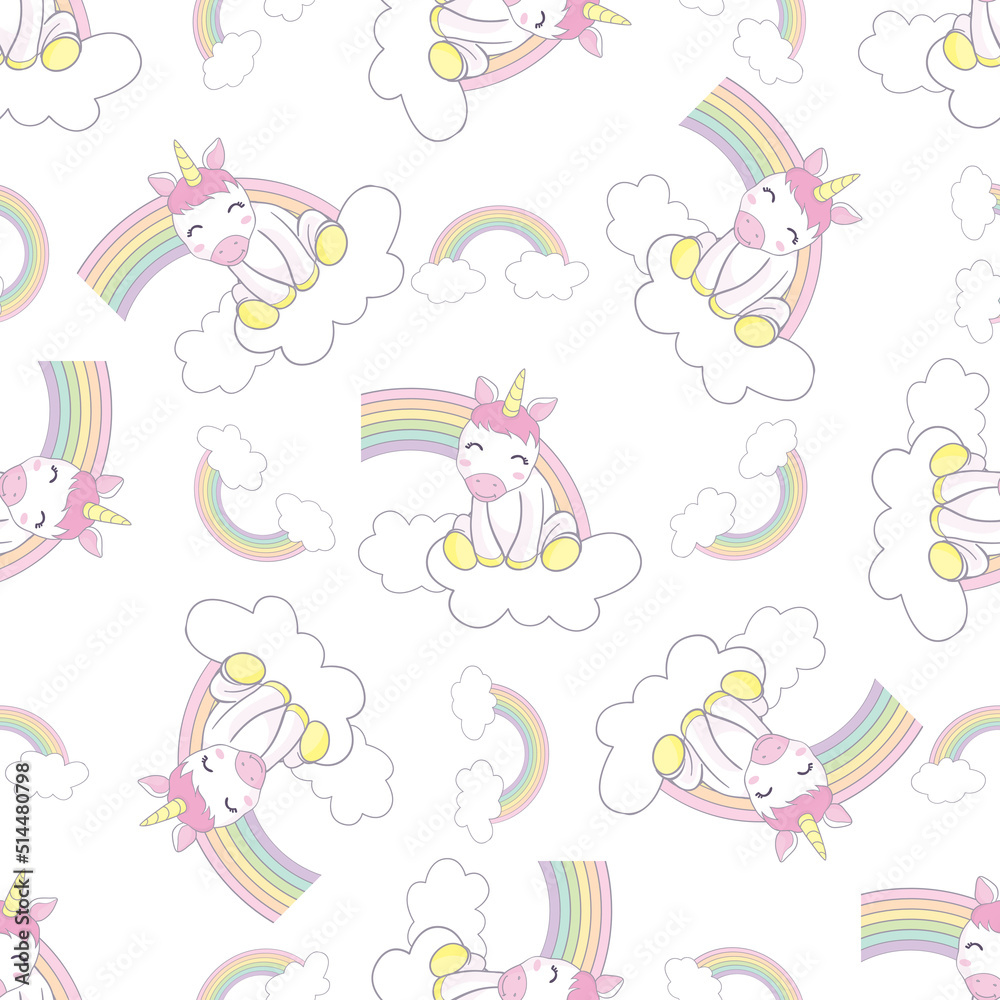 Unicorn pattern. Vector seamless pattern with white unicorns, rainbow and stars.