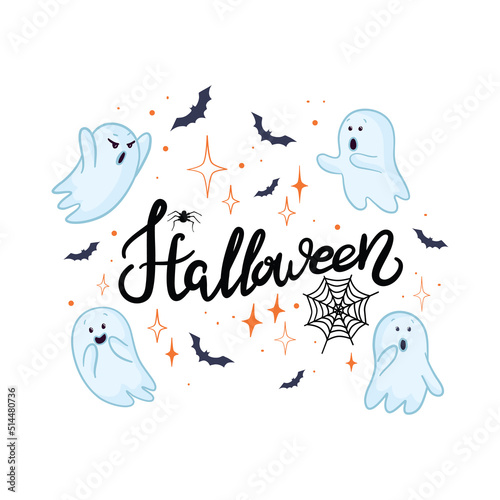 Flying ghost spirit. Happy Halloween. Scary white ghosts. Cute cartoon spooky character. Smiling face, hands. Greeting card.