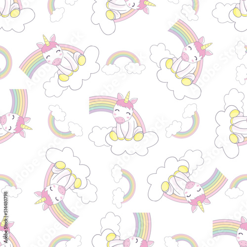 Unicorn pattern. Vector seamless pattern with white unicorns  rainbow and stars.