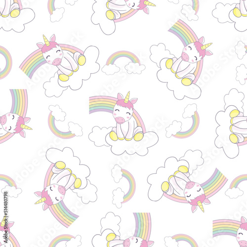 Unicorn pattern. Vector seamless pattern with white unicorns, rainbow and stars.