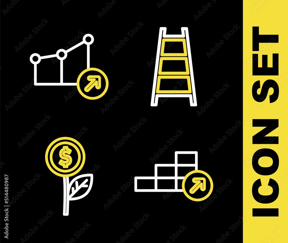 Set line Stair with finish flag, Financial growth, Dollar plant and icon. Vector