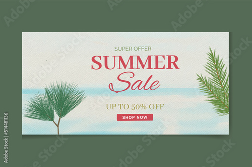 Hot summer sale  promotional banner with tropical beach exotic palm leaves, hibiscus flowers, pineapples and various plants 
