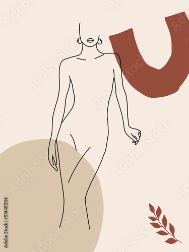 Abstract Modern Woman Figure in Trendy Linear Style. One Line Drawing Model Woman with Abstract Boho Shapes. Abstract feminine Silhouette for print, poster, social media, stories, logo, fashion design