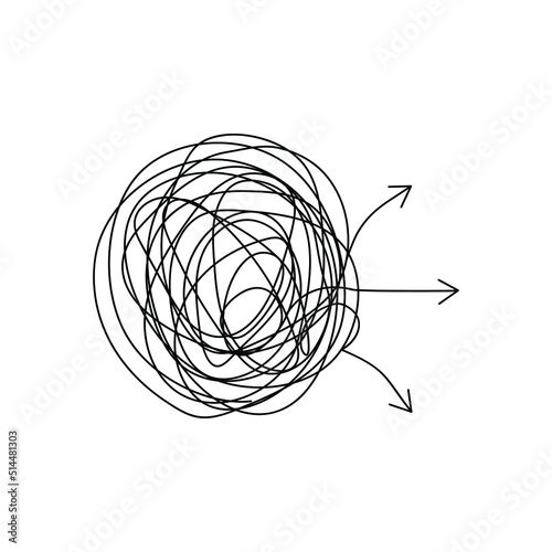 Chaos path with arrows in doodle style. Problem solving concept with multiple options. Vector illustration for psychotherapy and management.