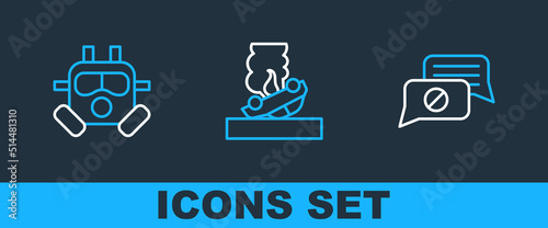 Set line Speech bubble chat, Gas mask and Burning car icon. Vector