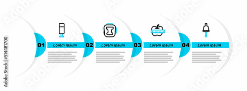 Set line Ringing bell, Apple and measuring tape, Boxing helmet and Punching bag icon. Vector