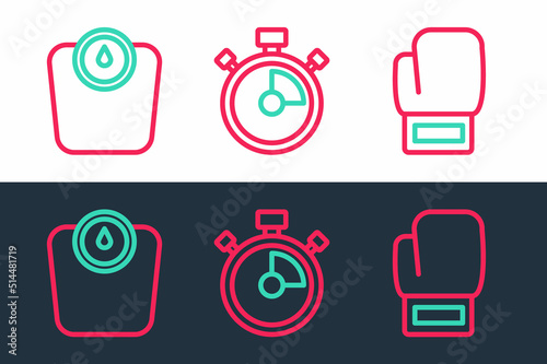 Set line Boxing glove, Bathroom scales and Stopwatch icon. Vector