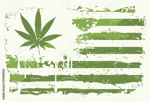Marijuana American Flag With Grunge Effect. Cannabis Leaf American Flag Illustration Vector.