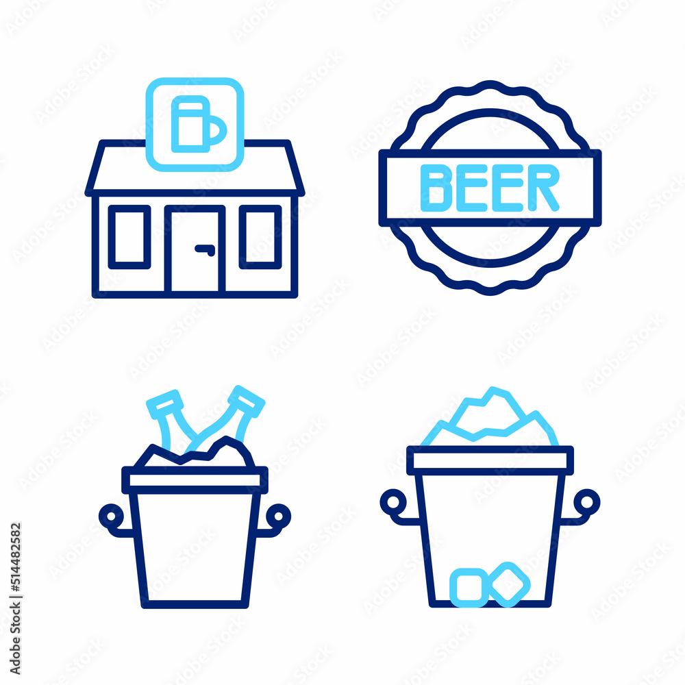 Set line Ice bucket, Beer bottles in ice, Bottle cap with beer and Store building of shop icon. Vector Set line Ice bucket, Beer bottles in ice, Bottle cap with beer and Store building of shop icon. Vector