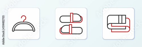 Set line Towel stack, Hanger wardrobe and Sauna slippers icon. Vector