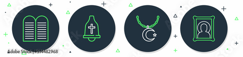 Set line Church bell, Star and crescent on chain, The commandments and Christian icon icon. Vector