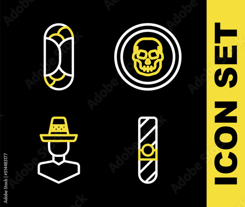 Set line Mexican skull coin, Cigar, man sombrero and Burrito icon. Vector