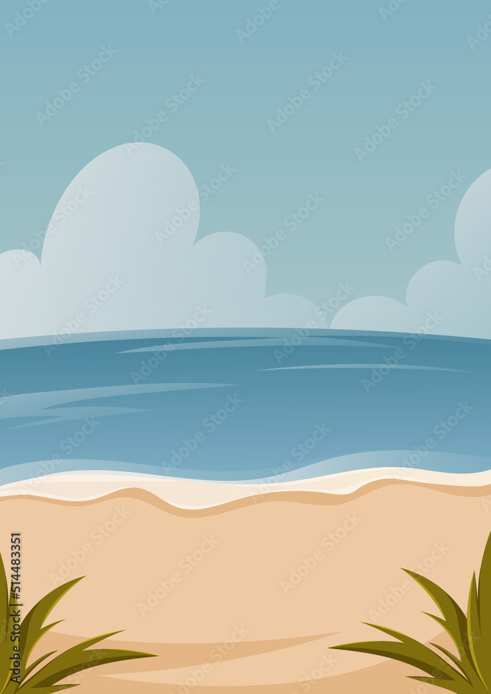 Background with seascape. Beach, sea, plants and sky with clouds. Vector illustration, cartoon nautical style. For banner, poster, postcard, flyer.
