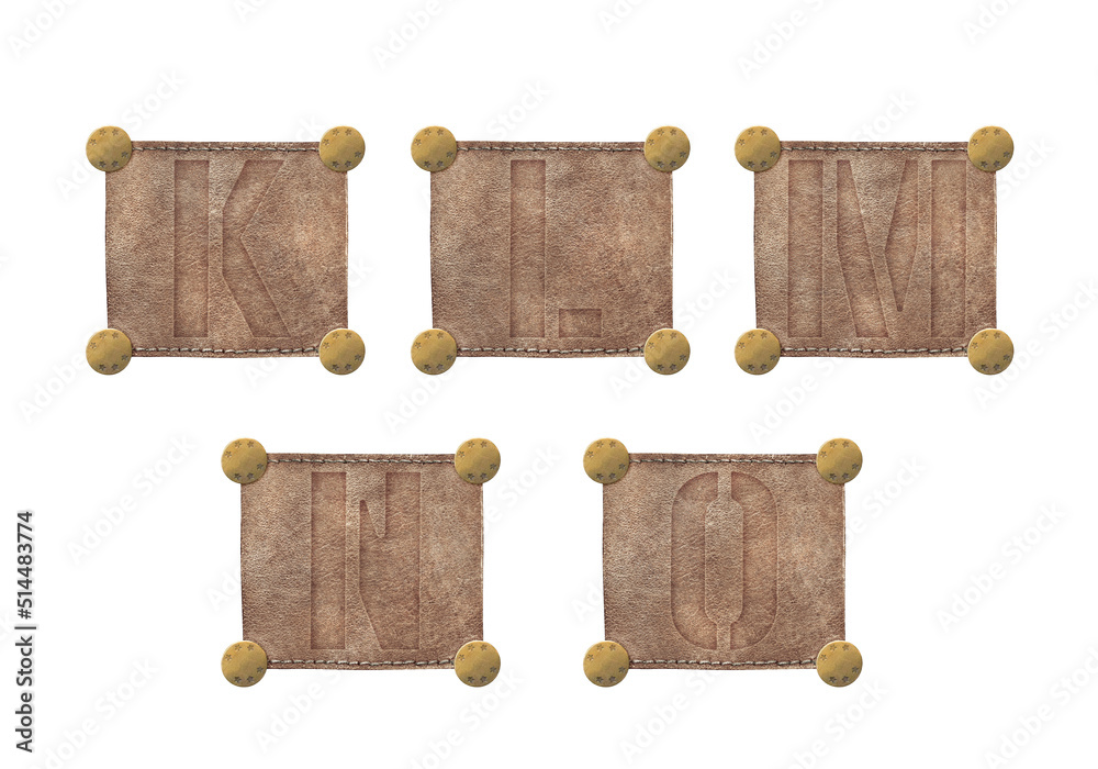 Leather labels Latin alphabet. Classic denim ABC tags on white