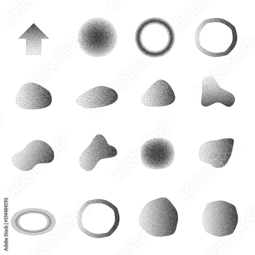 collection of abstract and geometric shapes with stipple gradient effect isolated on white background, design element vector illustration