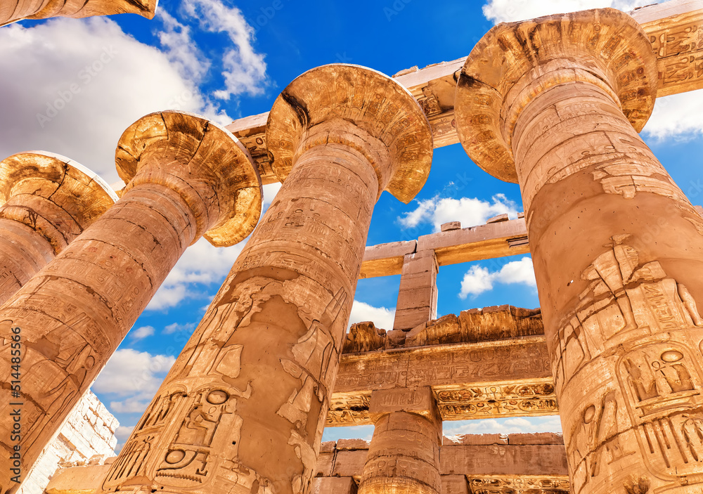 Ancient Columns with beautiful carvings, Karnak Temple, the Great Hypostyle Hall, Luxor, Egypt
