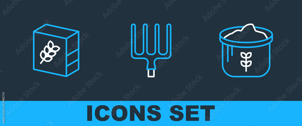 Set line Bag of flour, Flour pack and Garden pitchfork icon. Vector Set line Bag of flour, Flour pack and Garden pitchfork icon. Vector