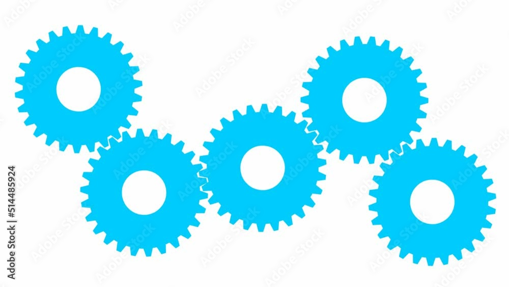 Animated blue gears spin. Flat symbol. Concept of connection, teamwork, communication. Vector illustration isolated on white background. Animated blue gears spin. Flat symbol. Concept of connection, teamwork, communication. Vector illustration isolated on white background.