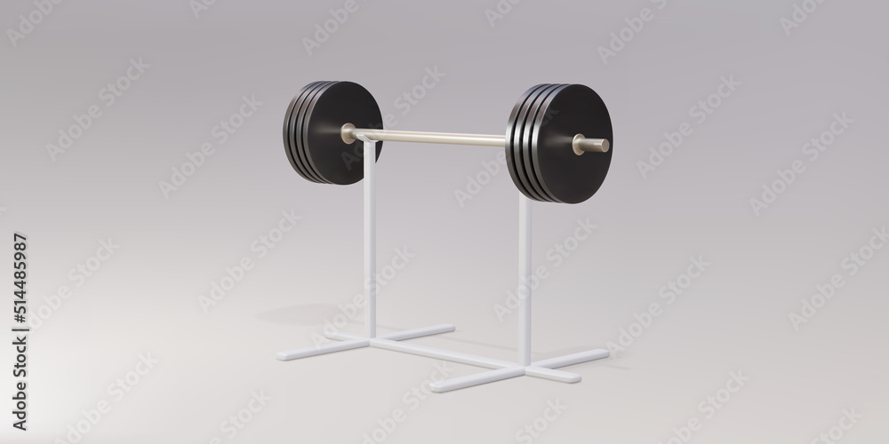 3d realistic barbell on white stand isolated on gray background. Vector illustration. 3d realistic barbell on white stand isolated on gray background. Vector illustration.