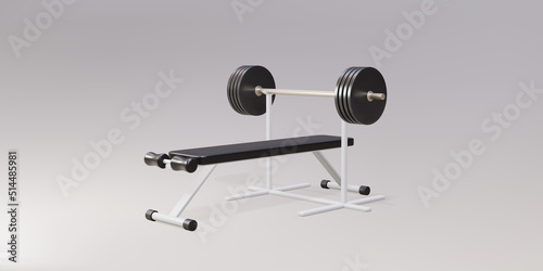 3d realistic gym bench and barbell on white stand isolated on gray background. Vector illustration.