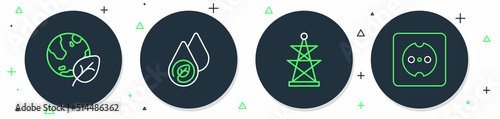 Set line Water energy, Electric tower, Earth globe and leaf and Electrical outlet icon. Vector