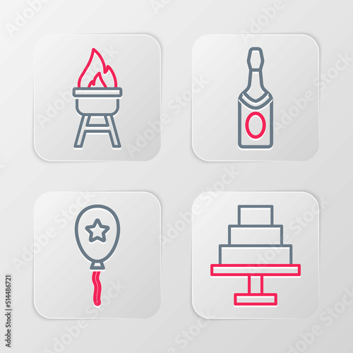 Set line Cake, Balloon with ribbon, Champagne bottle and Barbecue grill icon. Vector