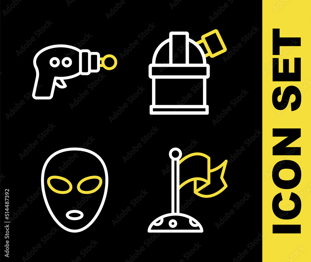 Set line Astronomical observatory, Moon with flag, Alien and Ray gun icon. Vector Set line Astronomical observatory, Moon with flag, Alien and Ray gun icon. Vector