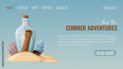 Glass bottle with an old treasure map, scallop, cone shaped shell in the sand. Vector illustration, text time for summer adventures. The concept of travel, vacation, journey. Web template