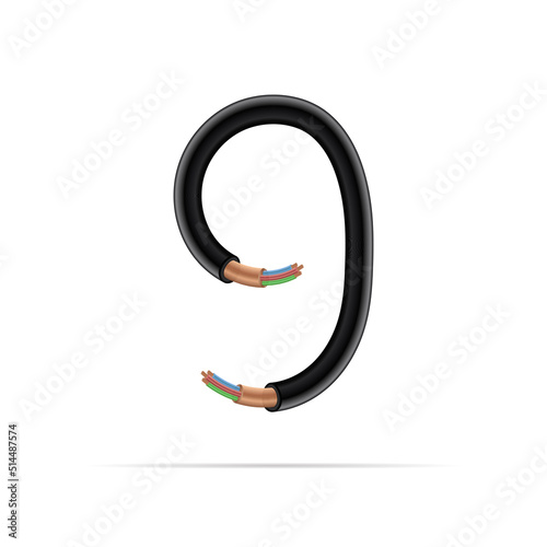 9 number electric cable design. Vector realistic font for logo, app logo, creative template etc.