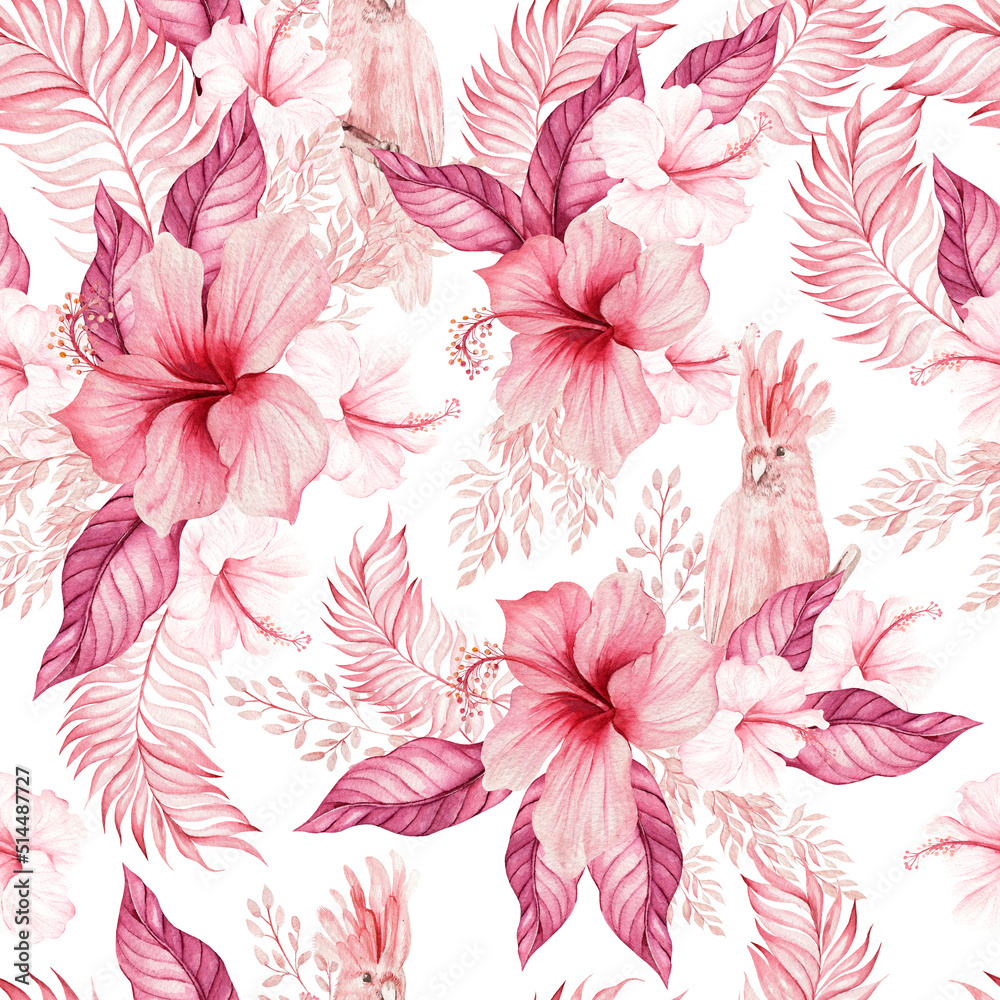 Fototapeta Watercolor wedding pink tropical seamless pattern with Exotic flowers hibicsus and leaves, parrot. Illustration