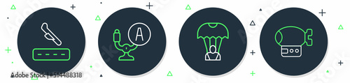 Set line Aircraft steering helm, Parachute, Plane landing and Airship icon. Vector