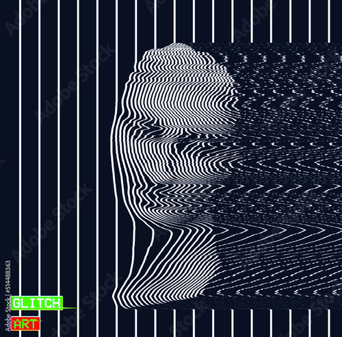 Glitch Art. Vector corrupted graphics illustration from 3D rendering of female classical head sculpture in oscillator white continuous line halftone style on black background.