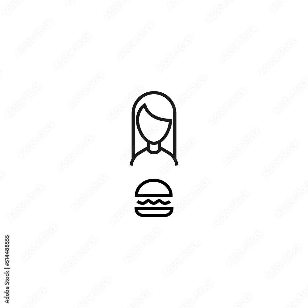 Vector signs drawn in flat style with thin black line. Editable stroke. Suitable for adverts, books, articles, banners. Line icon of burger next to faceless woman Vector signs drawn in flat style with thin black line. Editable stroke. Suitable for adverts, books, articles, banners. Line icon of burger next to faceless woman