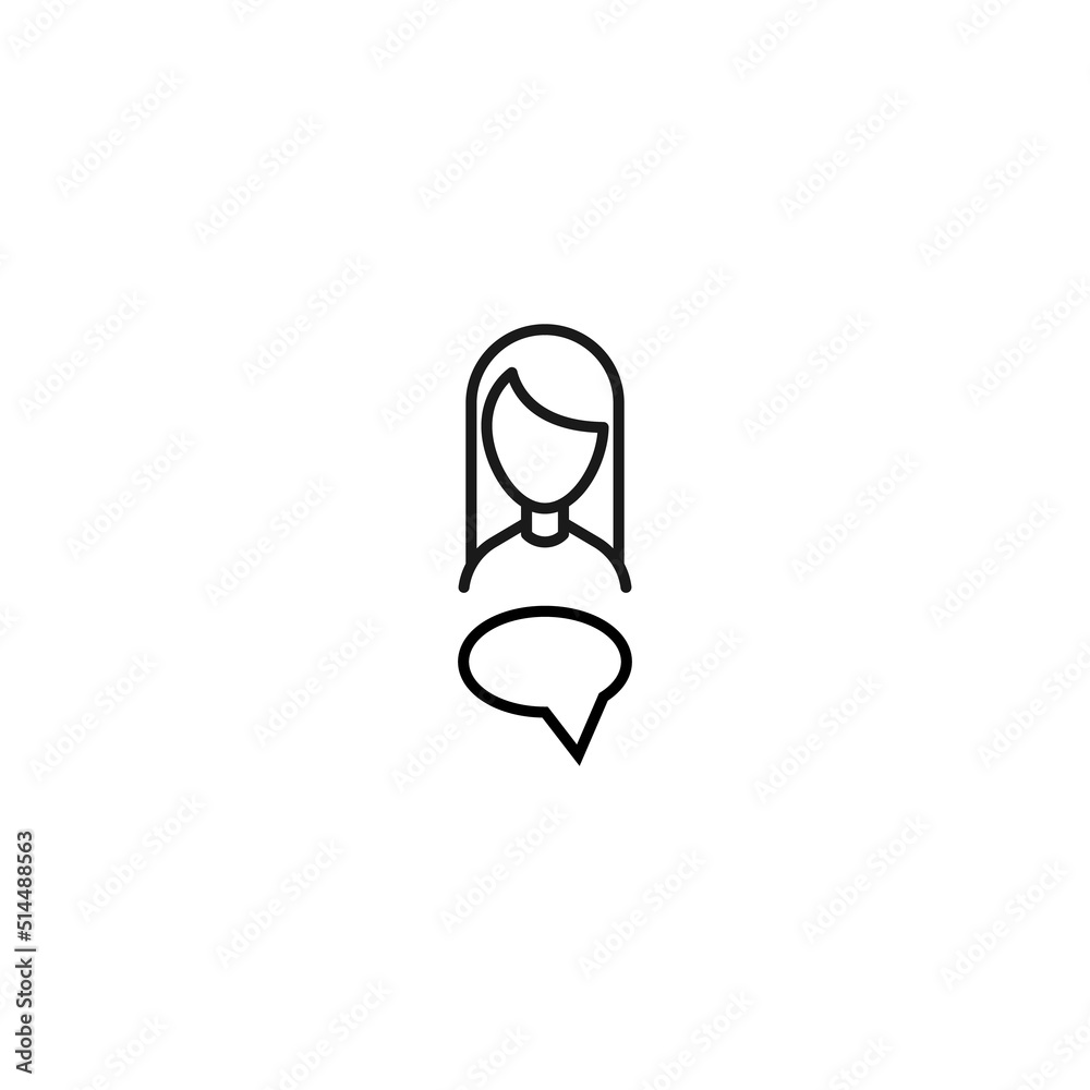 Vector signs drawn in flat style with thin black line. Editable stroke. Suitable for adverts, books, articles, banners. Line icon of speech bubble next to faceless woman Vector signs drawn in flat style with thin black line. Editable stroke. Suitable for adverts, books, articles, banners. Line icon of speech bubble next to faceless woman